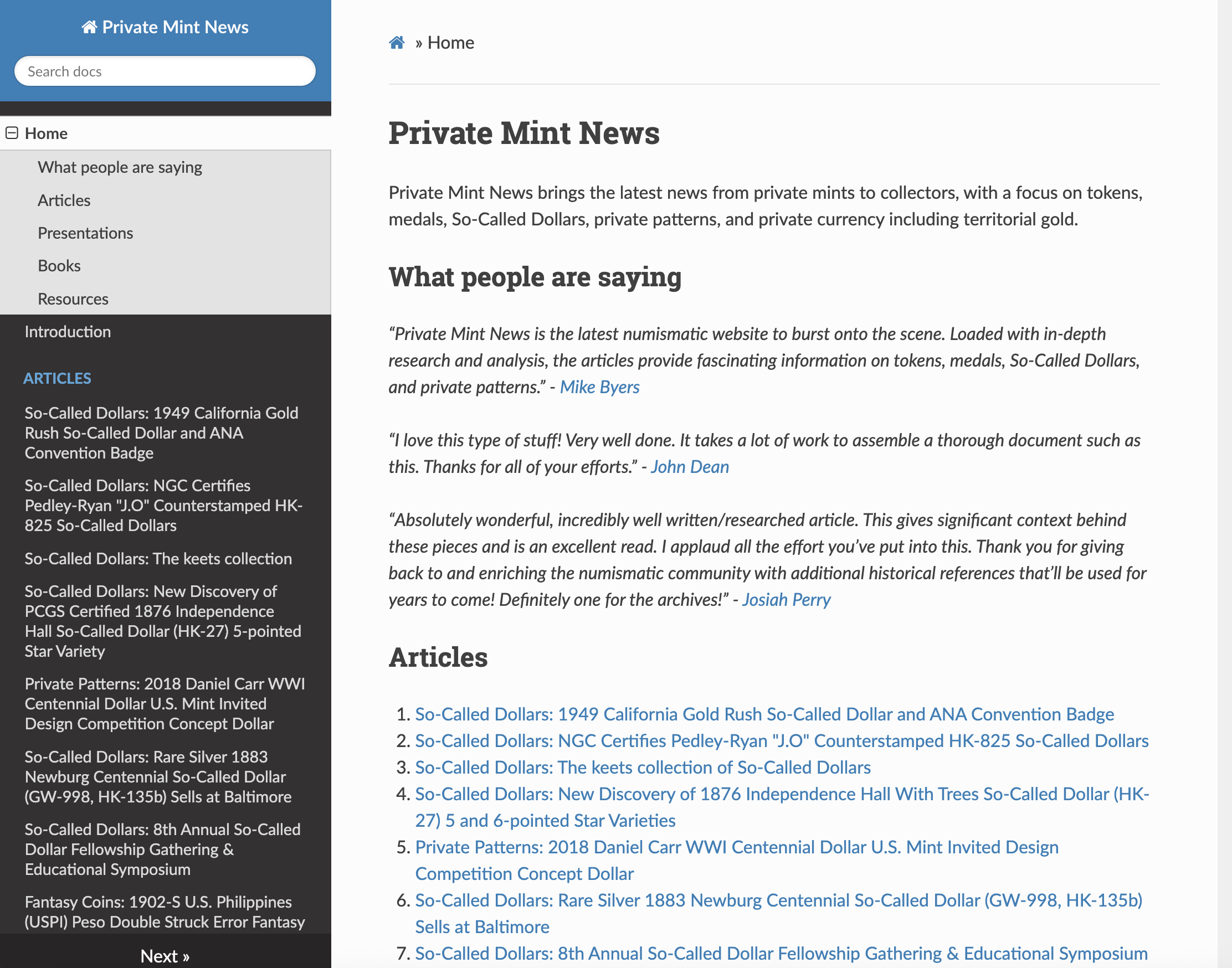 Private Mint News version 3 home page